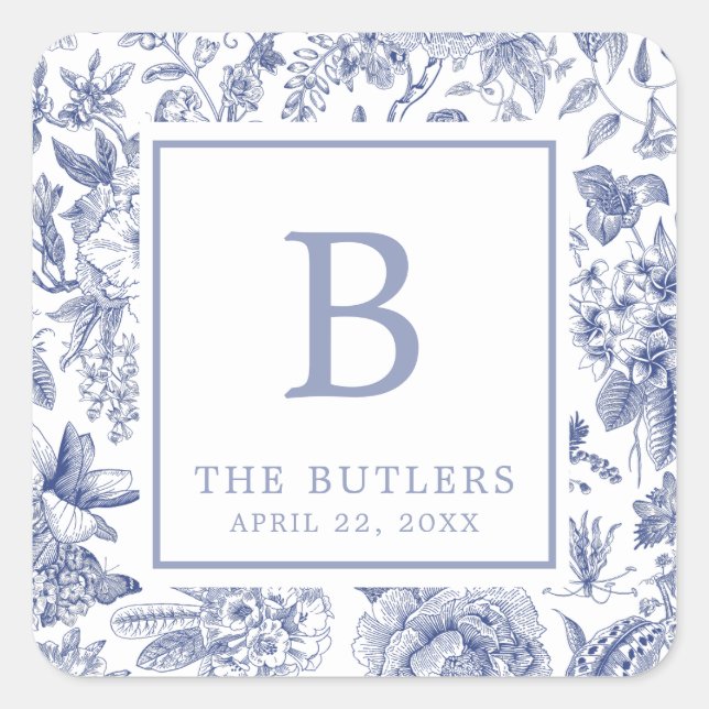 Cuadrada Blue Floral Chinoiserie Pegatina Boda inicial (Anverso)