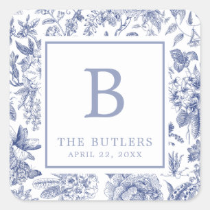 Cuadrada Blue Floral Chinoiserie Pegatina Boda inicial