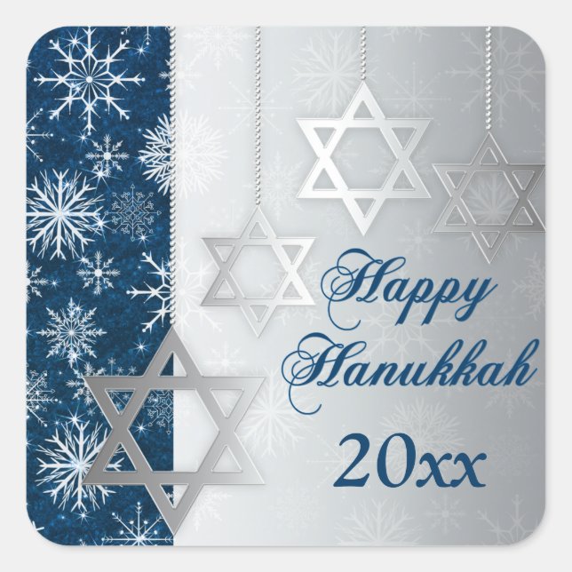 Cuadrada Blue, Silver Snowflakes Happy Hanukkah Pegatina (Anverso)