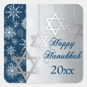 Cuadrada Blue, Silver Snowflakes Happy Hanukkah Pegatina