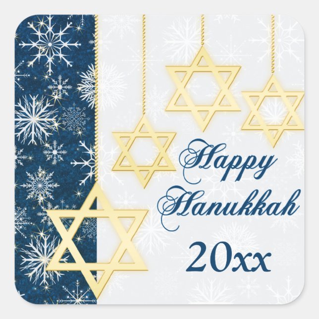 Cuadrada Blue, White Snowflakes Happy Hanukkah Pegatina (Anverso)
