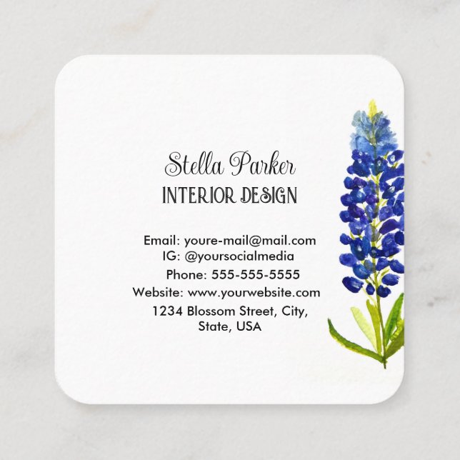 Cuadrada Bluebonnets Elegante tarjeta de visita Floral Texa (Reverso)