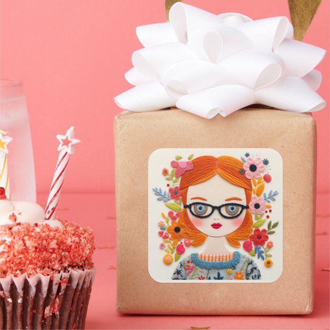 Cuadrada Blurbs. Chica Redhead Nerd Pegatina (Fiesta)