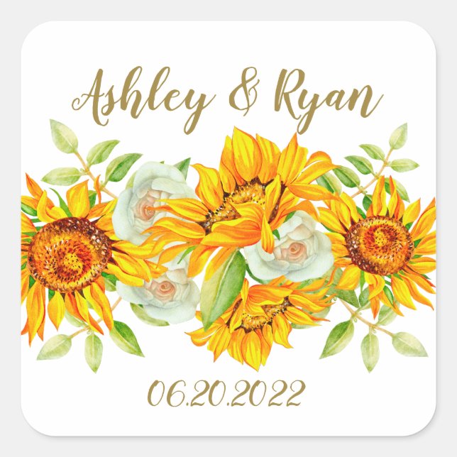 Cuadrada Boda amarillo de girasol Pegatina cuadrado (Anverso)