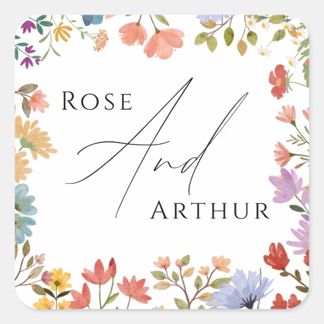 Cuadrada Boda de guión de flor silvestre Pegatina redondo c (Anverso)