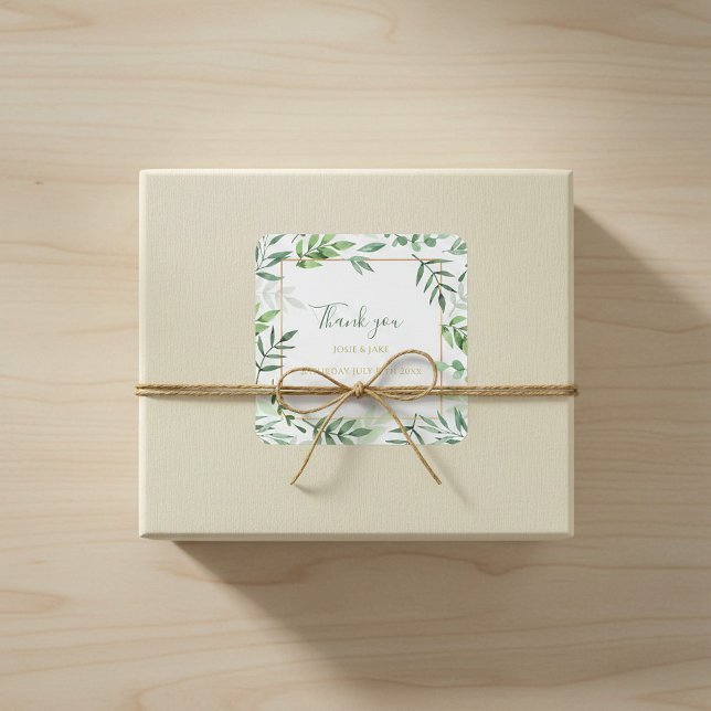 Cuadrada Boda fronterizo de hojas verdes gracias pegatina (Green leaves border wedding thank you sticker.)