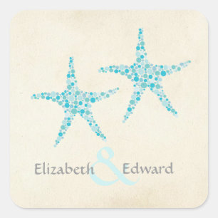 Cuadrada Boda Monograma Turquoise Aqua Starfish Pegatina
