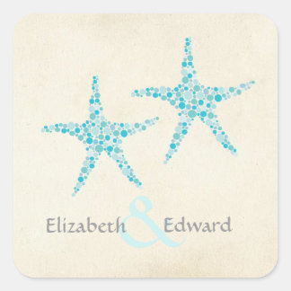 Cuadrada Boda Monograma Turquoise Aqua Starfish Pegatina