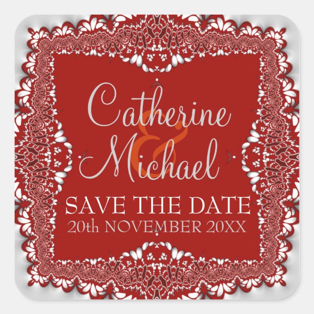 Cuadrada Boda Silver+Red Lace Save the Date Pegatina (Anverso)