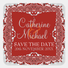 Cuadrada Boda Silver+Red Lace Save the Date Pegatina