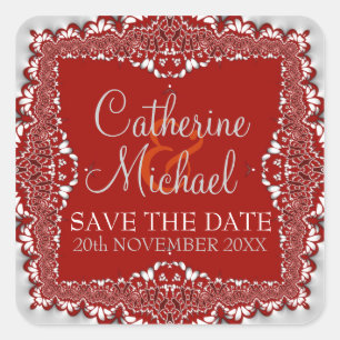 Cuadrada Boda Silver+Red Lace Save the Date Pegatina