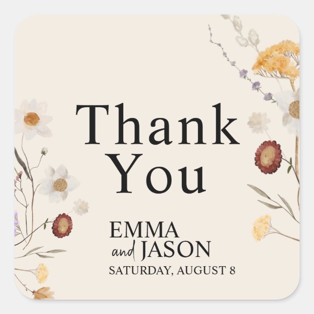 Cuadrada Boho Boda Wildflower Pegatina cuadrado (Anverso)
