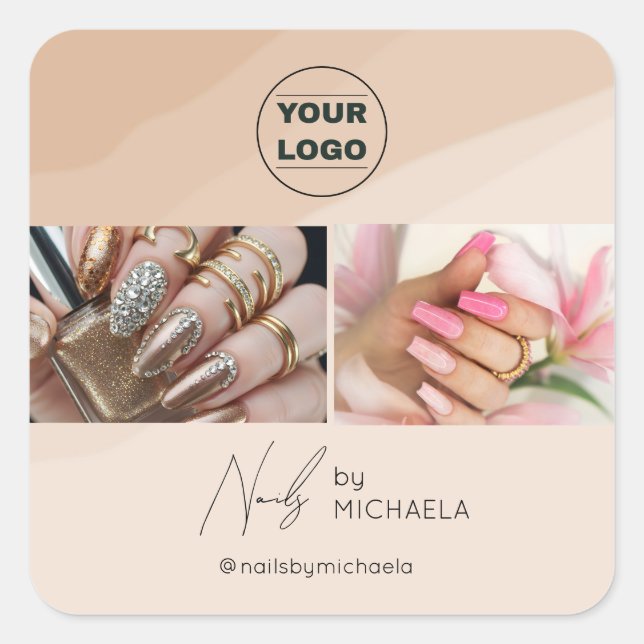 Cuadrada Boho Nail Tech Logo Pegatina | Deja una reseña (Anverso)