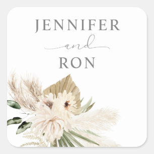 Cuadrada Boho Pampas Grass & Beige Floral Square Pegatina 1