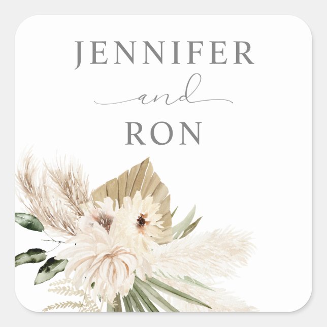 Cuadrada Boho Pampas Grass & Beige Floral Square Pegatina 1 (Anverso)