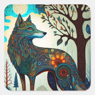 Cuadrada Boho Wolf Surreal Wildlife Art Square Pegatina