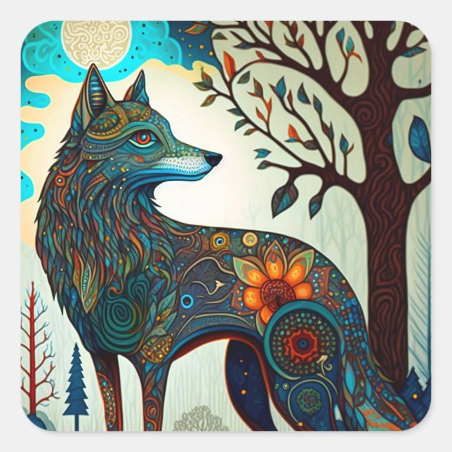 Cuadrada Boho Wolf Surreal Wildlife Art Square Pegatina (Anverso)