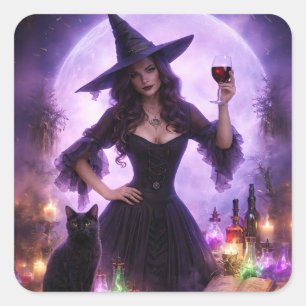 Cuadrada Bruja de Halloween y Vino Pegatina Bonita