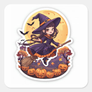 Cuadrada Bruja de Moda y Calabaza Pegatina de Halloween