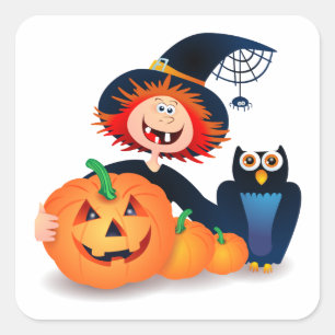 Cuadrada Bruja divertida con búho y calabazas, pegatina