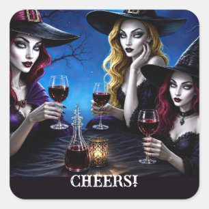 Cuadrada Brujas de Halloween y vino Pegatina Bonita