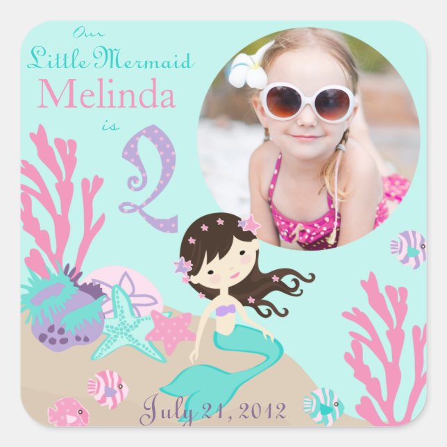 Cuadrada Brunette Mermaid Age Two Photo Pegatina Label (Anverso)