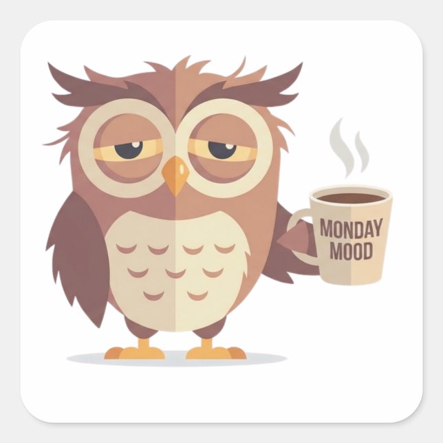 Cuadrada Búho Divertido Con Pegatina De Café De Humor Lunes (Anverso)