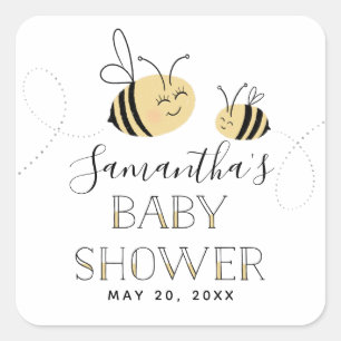 Cuadrada Bumble Bee Baby Shower Pegatina con nombre y fecha