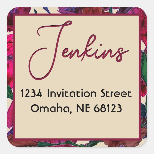 Cuadrada Burgundy Floral Watercolor Boda Pegatina cuadrado (Anverso)