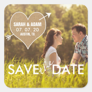 Cuadrada Burlap Heart   Rustic Save the Date Pegatina