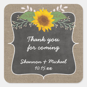 Cuadrada Burlap pegatina de boda Rústico de Sunflower