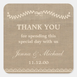 Cuadrada Burlap y boda de Lace gracias a favor pegatina