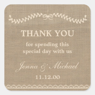 Cuadrada Burlap y boda de Lace gracias a favor pegatina