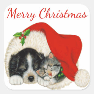 Cuadrada Cachorro y gatito Pegatina navideño