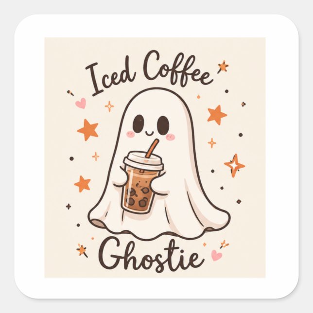 Cuadrada Café con Hielo Fantasmita - Cute Pegatina de Vinil (Anverso)