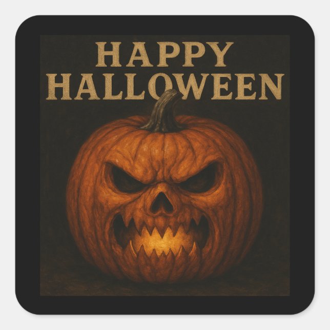 Cuadrada Calabaza enojada Feliz Pegatina de Halloween (Anverso)