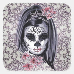 Cuadrada Calavera de azúcar gris/rosa/Día del Pegatina del 