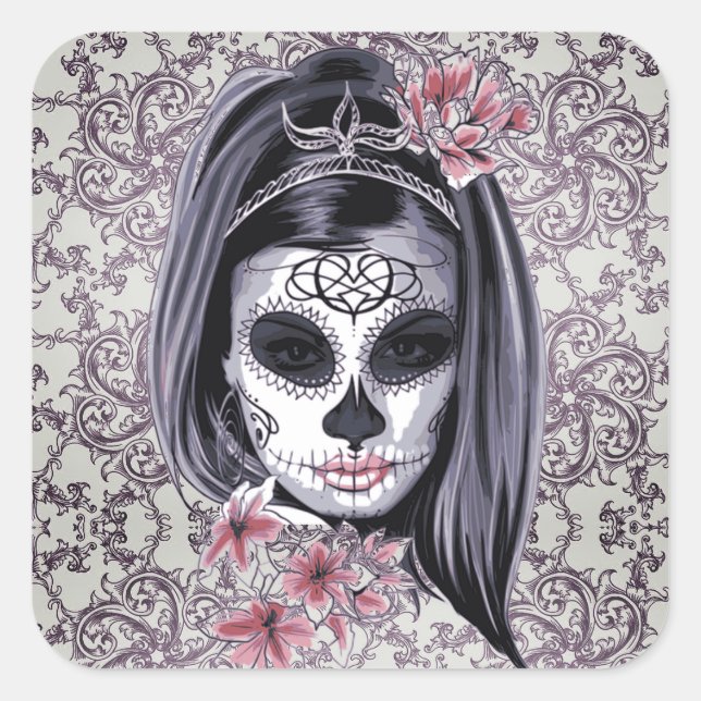 Cuadrada Calavera de azúcar gris/rosa/Día del Pegatina del  (Anverso)