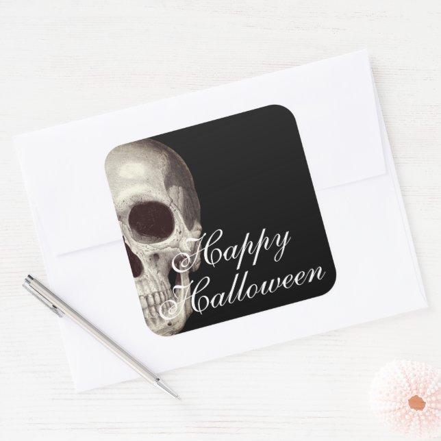 Cuadrada Calavera Muerta Espantosa Feliz Halloween Pegatina (Sobre)