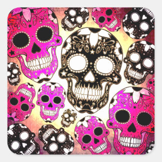 Cuadrada Calaveras azucareras rosas negras grungan pegatina