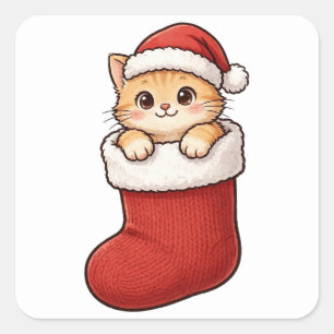 Cuadrada Calcetín de Navidad de Gatito Adorable Pegatina de