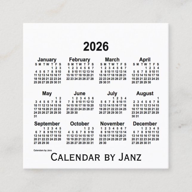 Cuadrada Calendario Blanco 2026 por tarjeta de visita Janz  (Anverso)