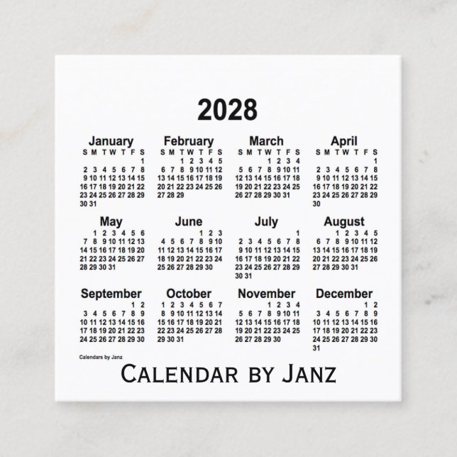 Cuadrada Calendario Blanco 2028 por tarjeta de visita Janz  (Anverso)