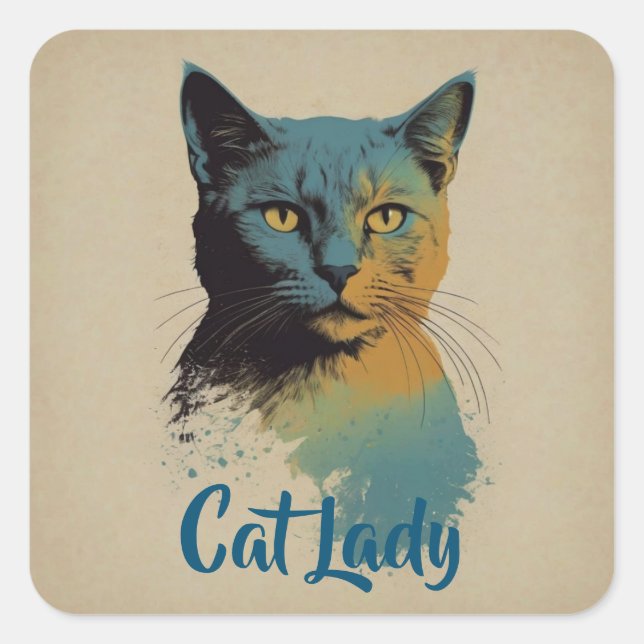 Cuadrada Cat Lady Pegatina (Anverso)