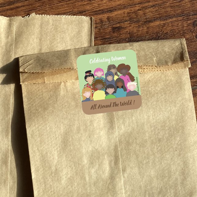 Cuadrada Celebrando a las mujeres en todo el mundo Pegatina (Celebrating women all around the world green and brown square sticker . )