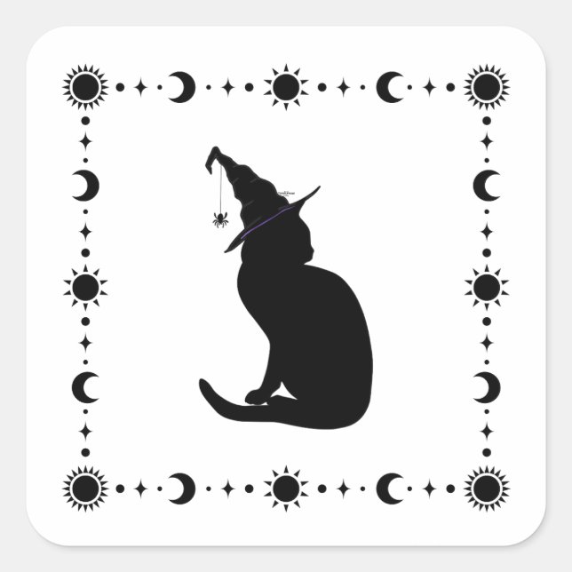 Cuadrada Charm n' Witch Cat Halloween Pegatina (Anverso)