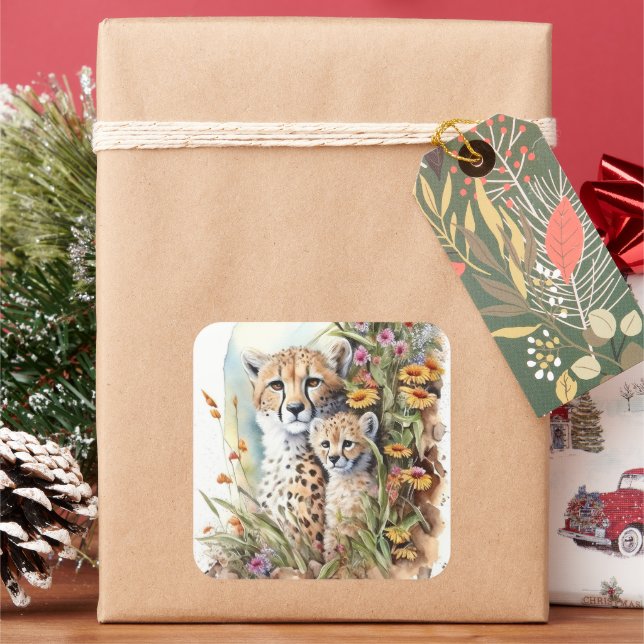 Cuadrada Cheetah Baby and Mom Pegatina (Vacaciones)