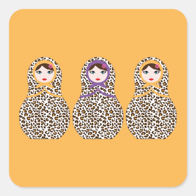 Cuadrada Cheetah Print Matryoshka Pegatina (Anverso)