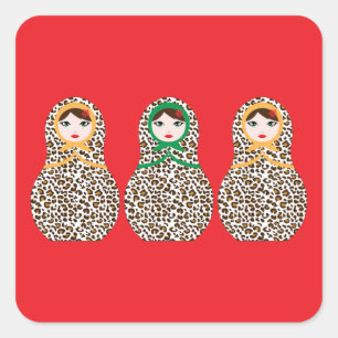 Cuadrada Cheetah Print Matryoshka Pegatina
