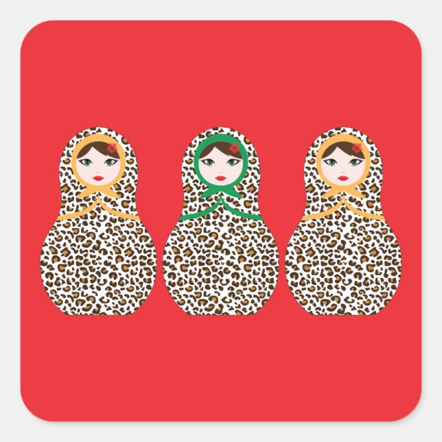 Cuadrada Cheetah Print Matryoshka Pegatina (Anverso)
